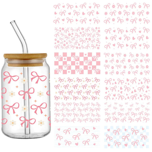 UV DTF Transfer Sticker Pink Bow For The 16oz Libbey Glasses Wraps Bottles Cup Can DIY Waterproof Custom Decals