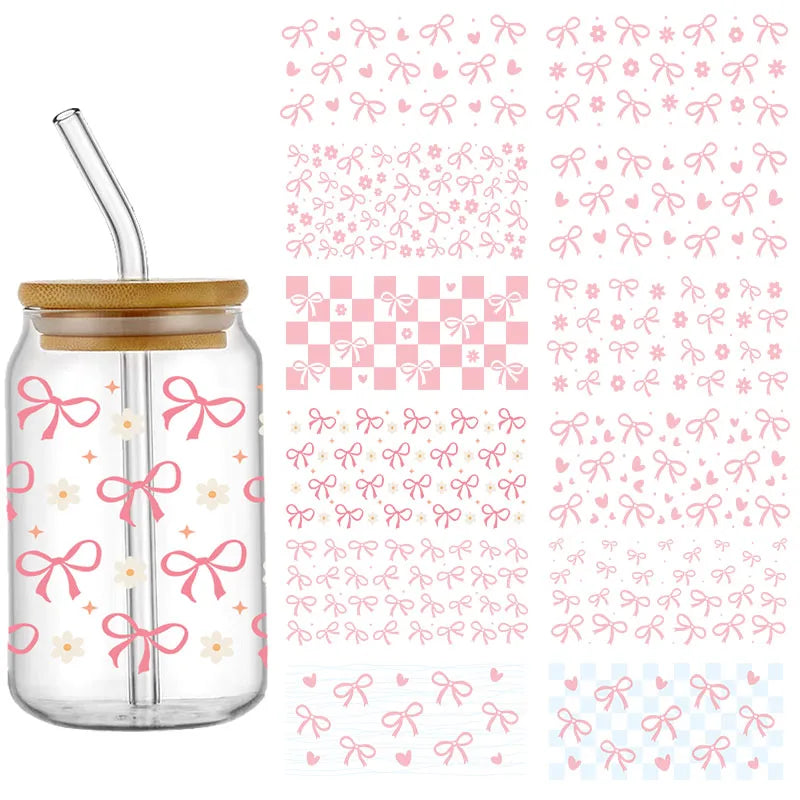 UV DTF Transfer Sticker Pink Bow For The 16oz Libbey Glasses Wraps Bottles Cup Can DIY Waterproof Custom Decals