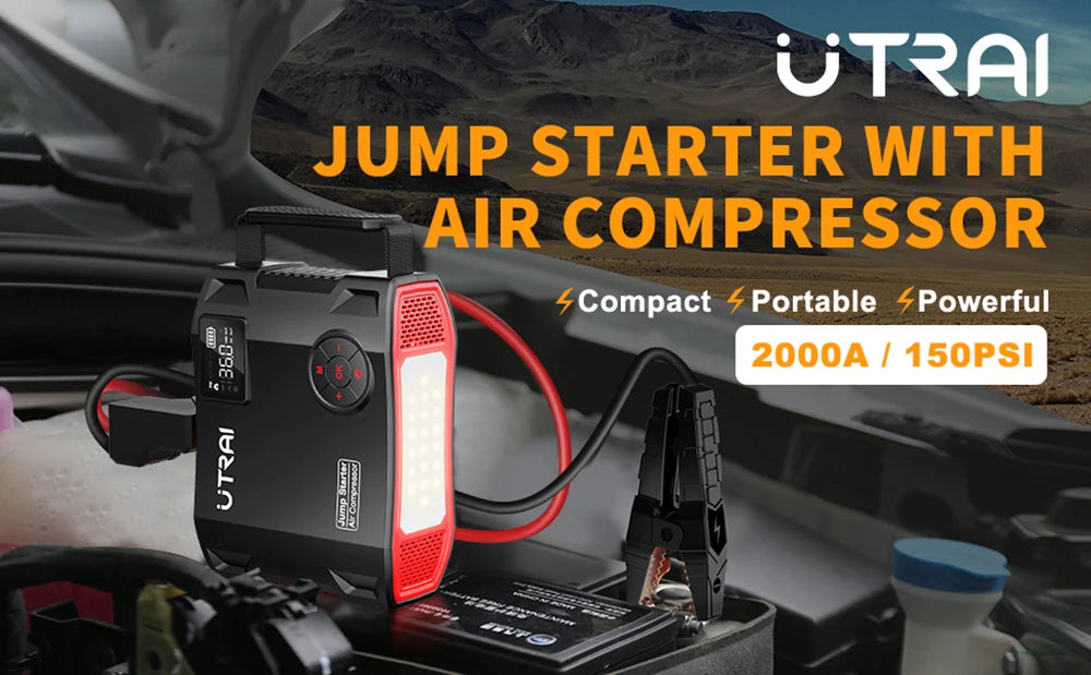 UTRAI 4 In 1 2000A Jump Starter Power Bank 16000mAh 150PSI Air Compressor Tire Pump Portable Charger Car Booster Starting Device