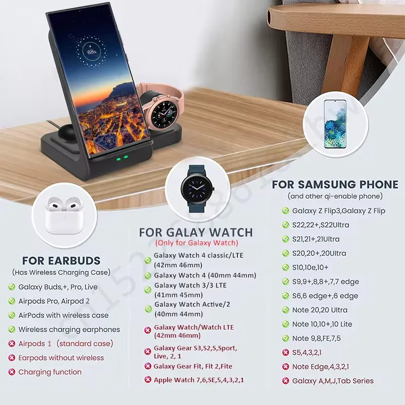 无线充电站 3 合 1 快速充电站 适用于三星 Galaxy S23 S22 Ultra 无线充电器 适用于 Galaxy Watch 5 Pro