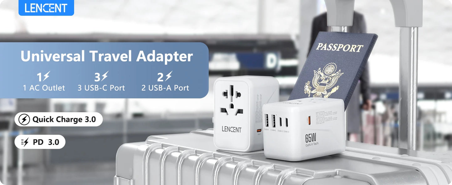 Bulbusbow 65W Universal Travel Adapter with 2 USB Ports and 3 Type-C Fast Charging Ports