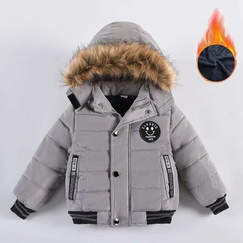 New Winter Boys Jacket Warm Fur Collar Fashion Baby Girls Coat Hooded Zipper Outerwear Birthday Gift 1-6 Years Kids Clothes