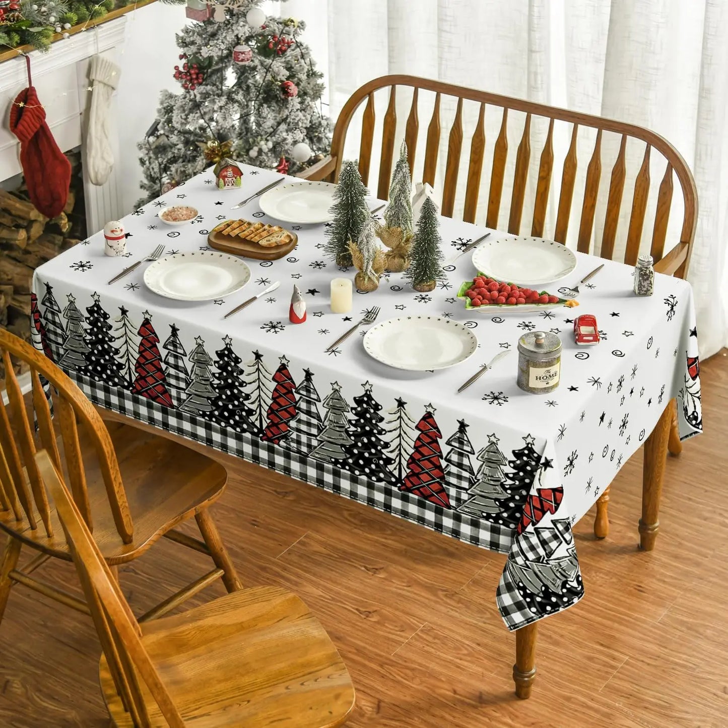 Christmas Trees Buffalo Plaid Black Rectangle Tablecloth Dining Room Decor Waterproof Tablecloth for Table Xmas Party Supplies