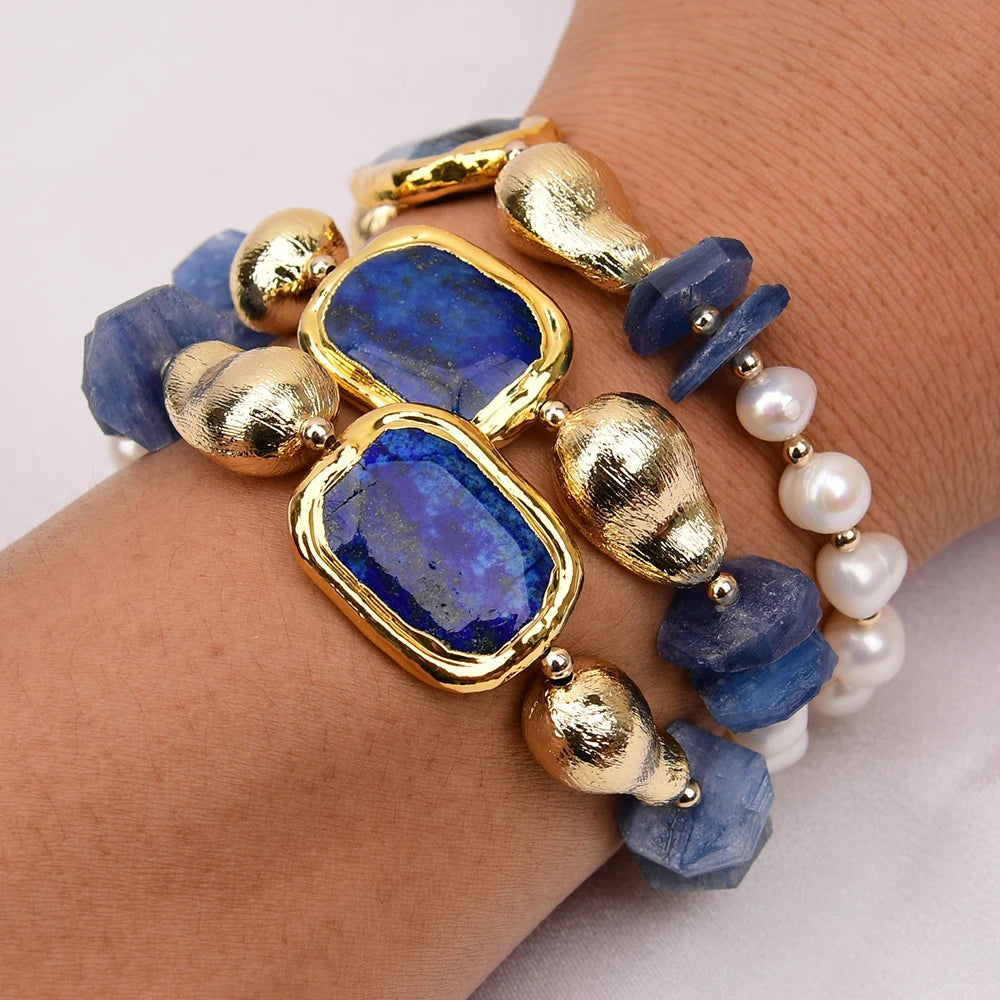 GG 3 Rows Natural Kyanite Gems White Pearl Gold Plated Blue Lapis lazuli Brushed Beads Bracelet 8'' For Lady