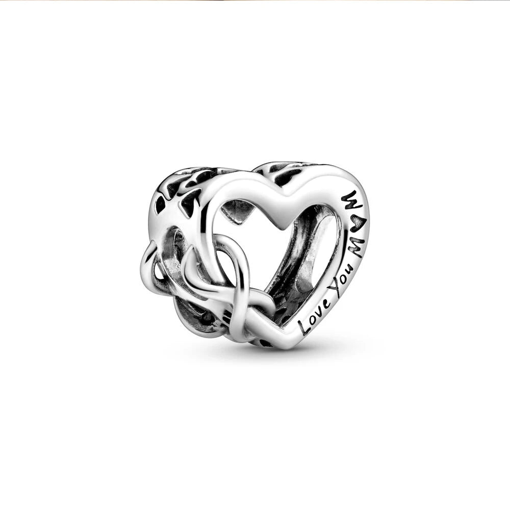 925 Sterling Silver Pandora Style Sparkling Freehand Heart Dangle Charm Bracelet Set With Cloth Bag for Women Gifts