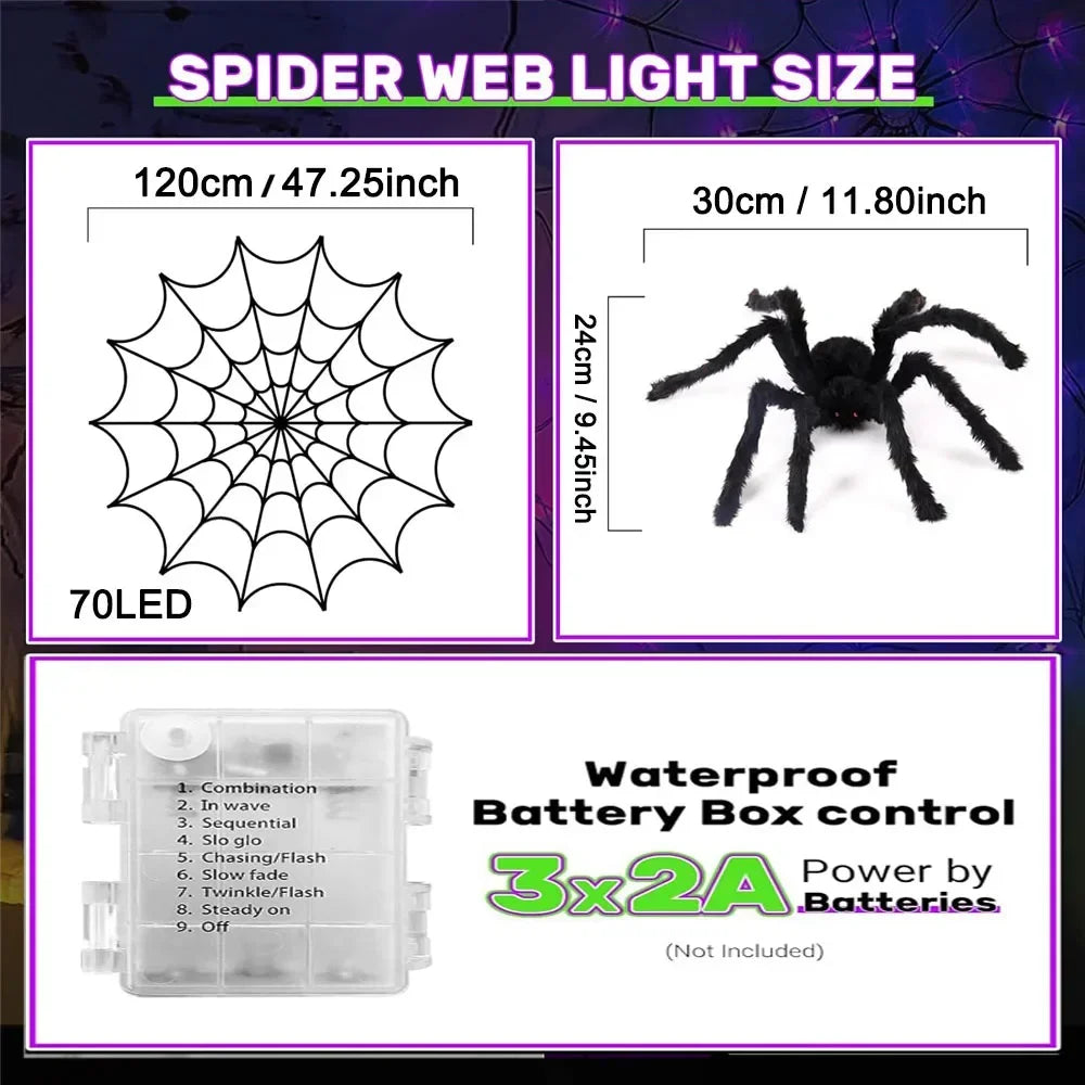 Halloween Decor 70LED 1.2m Spider Web Lights Waterproof Spider Net Lights Halloween Purple String Light Outdoor Home Party Decor