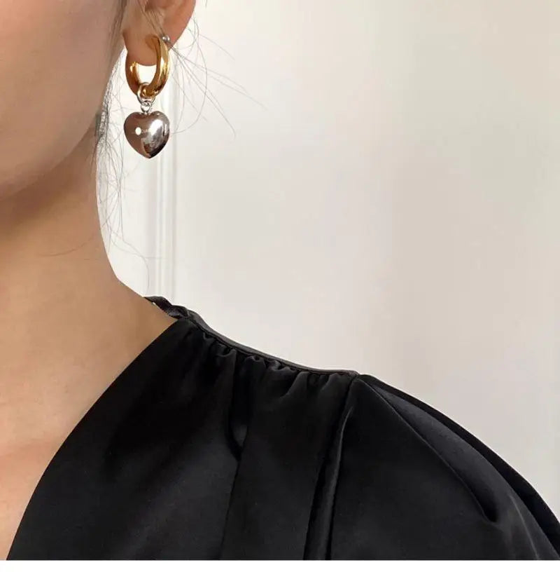 Bulbusbow Statement Minimalist Gold & Silver Heart Pendant Hoop Earrings for Women – Trendy Mixed Metal Drop Earrings | Elegant Korean Street Style Jewelry Gift