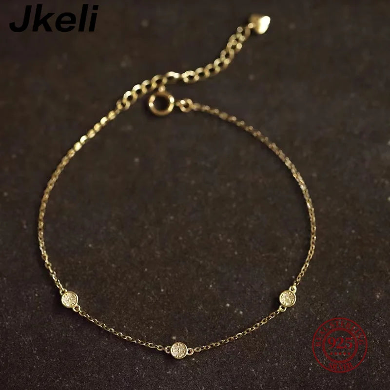 Jkeli Real 925 Sterling Silver Zircon Round 14K Gold Plated Charm Bracelet For Women Party Classic Minimalist Fine Jewelry