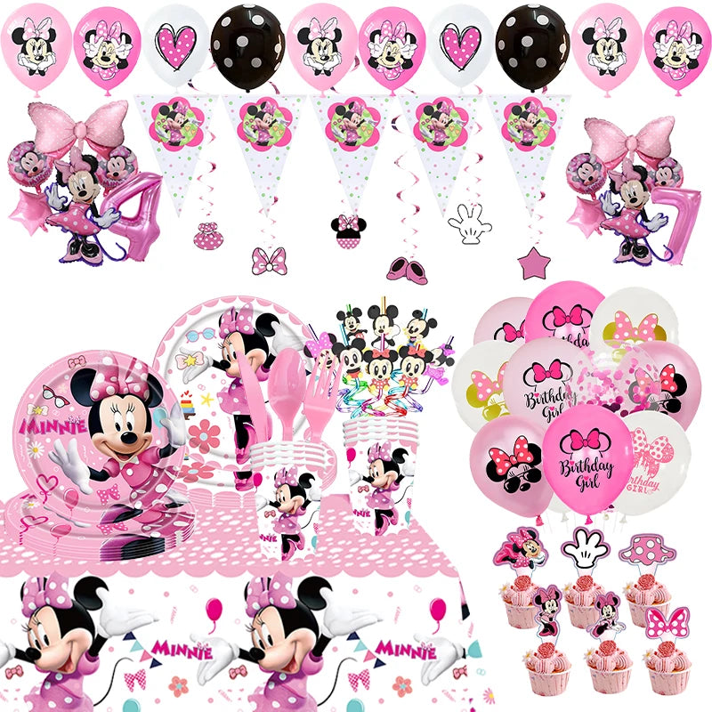 Disney Minnie Mouse Birthday Party Decoration Tableware Cup Plate Tablecloth Set Balloons Party Theme supplies Banner Background