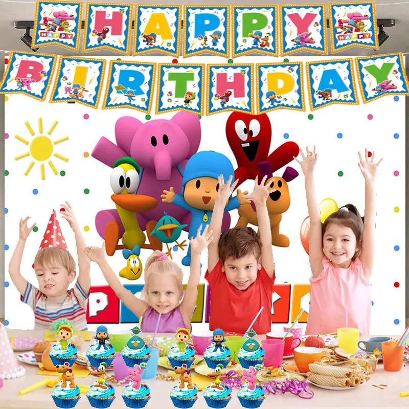 Cartoon Pocoyoed Birthday Decorations Balloons Disposable Tableware Set Paper Plates Banner for Baby Shower Supplies Kids Gifts