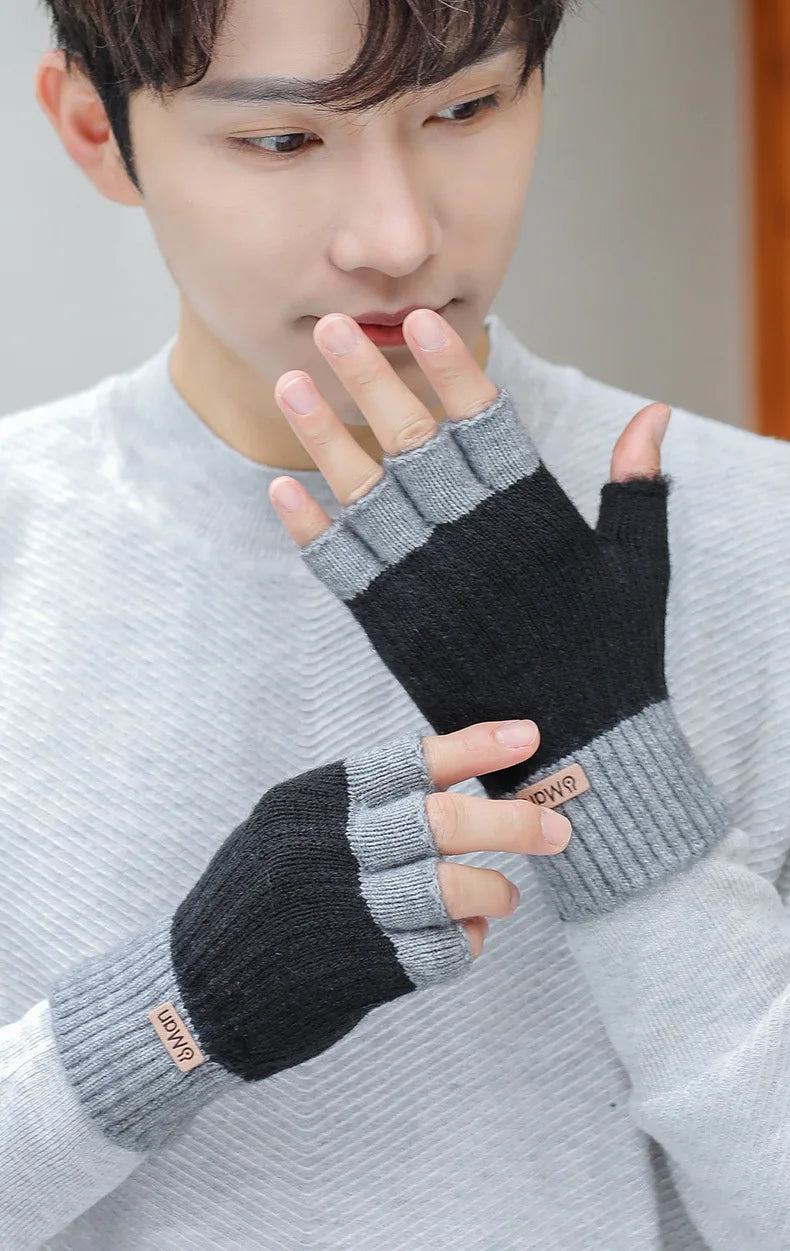 Men Winter Fingerless Half Finger Knitted Gloves Office Knitted Warm Exposed Finger Thick Gloves Elastic Driving Gloves