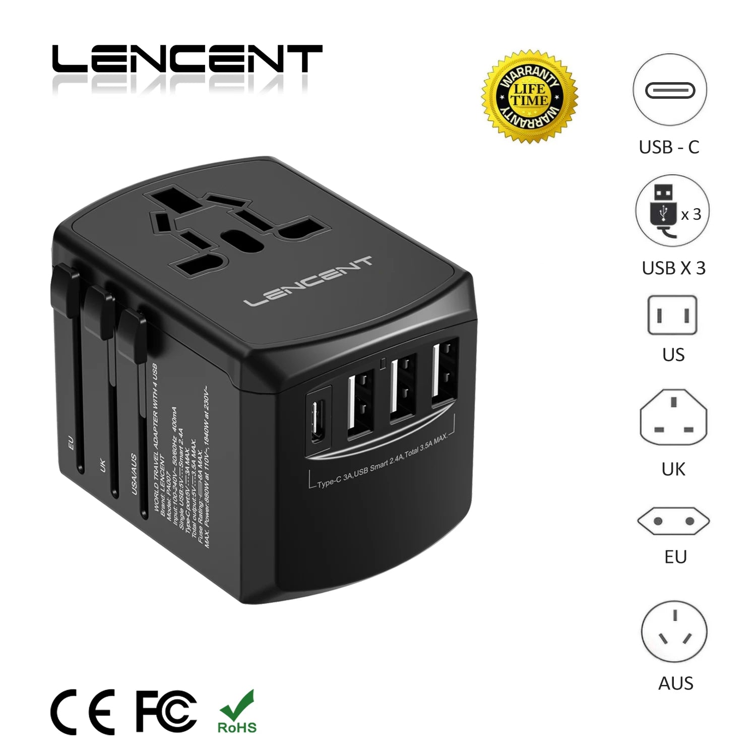 LENCENT Universal Travel Adapter All-in-one Travel Charger with 3 USB Ports and 1 Type C Wall Charger for US EU UK AUS Travel