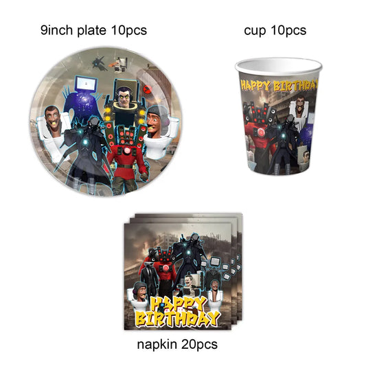 Skibidi Toilet Theme Birthday Party Supplies Disposable Tableware Plate Battle Robot Monitor Balloons for Kids Boys Baby Shower