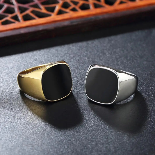 Stainless Steel Square Signet for Men Black Enamel Men's Pinky Rings Hip Hop Rings Husband Dad Christmas Gifts for Him