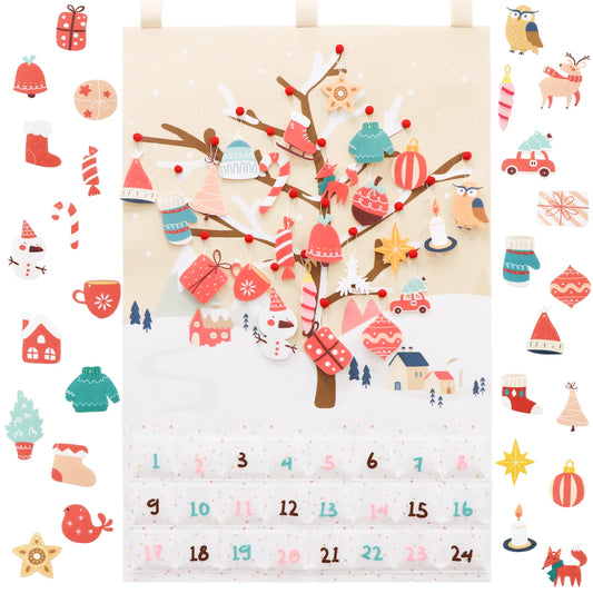 Felt Christmas Advent Calendar 24 Days Christmas Countdown Calendar with 35pcs Ornaments Reusable Wall Hanging Countdown