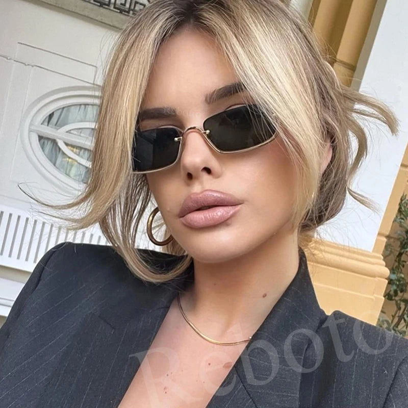 Fashion Small Square Women's Sunglasses Luxury Brand Metal Half Frame Sunglasses Woman Trend 2024 Vintage Black Pink Shades