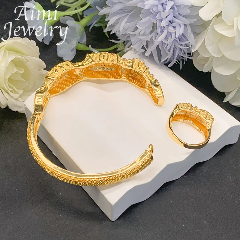 Luxury Copper Bracelet Ring Sets Dubai 18K Gold Plated Jewelry Set for Women African Bridal Wedding Party Accessories Gifts