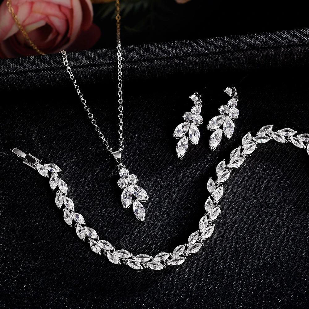 ZAKOL Luxury Brilliant Zirconia Leaf Necklace Earrings Rings Bracelets Set for Women CZ Drop Bridal Wedding Jewelry Sets