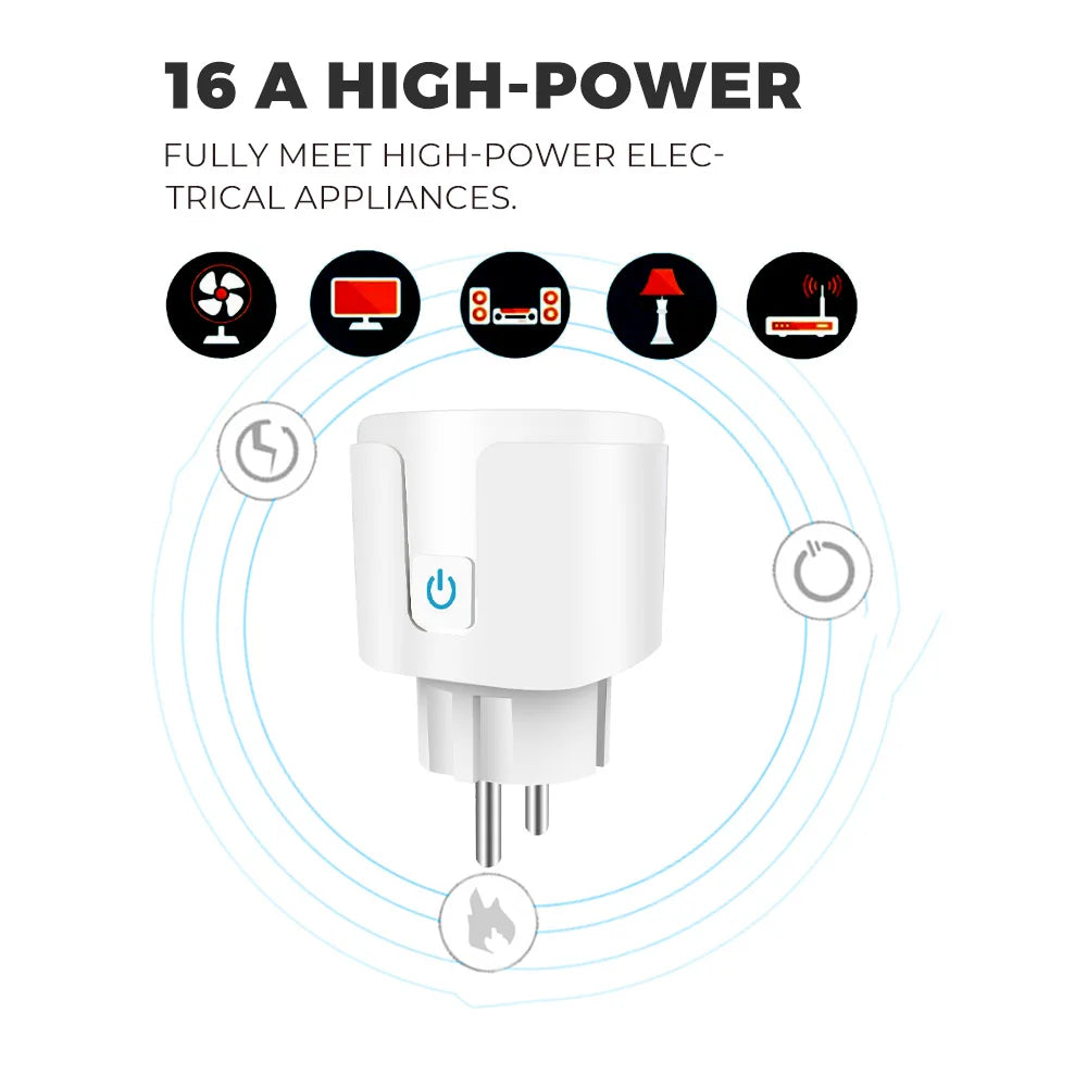 Tuya 16A 20A EU Smart Socket WiFi Smart Plug With Power Monitoring Timing Function Voice Control Alexa Google Assitant