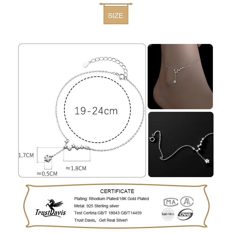 Trustdavis Real 925 Sterling Silver Fashion Sweet Big Dipper CZ Anklets For Women Wedding Party Birthday Present Jewelry DA2336