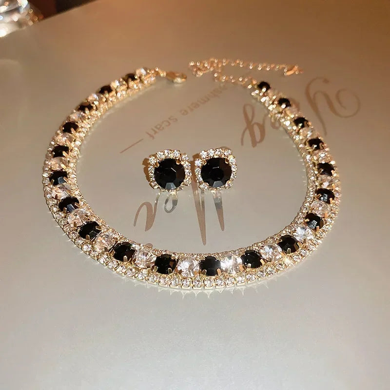 Luxury Crystal Necklace and Earrings Set for Women | Bulbusbow | Pink AB Colourful Necklace for Weddings and Parties | Trendy Fashion Jewelry Accessories