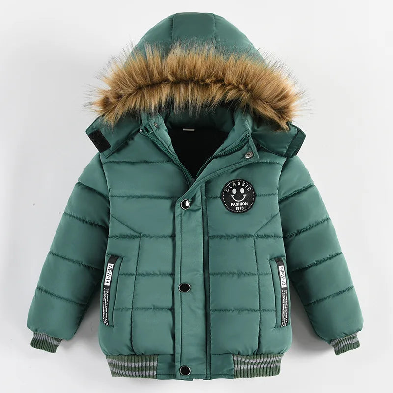 New Winter Boys Jacket Warm Fur Collar Fashion Baby Girls Coat Hooded Zipper Outerwear Birthday Gift 1-6 Years Kids Clothes