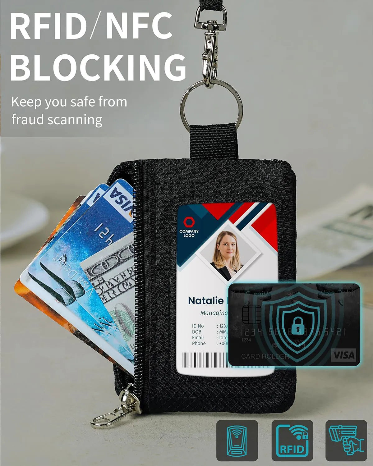 Wallet ID Badge Holder Waterproof Nylon Zipper Pouch and Lanyard Student Bus Transfer Cards Cash Coin Travel Bag RFID Blocking