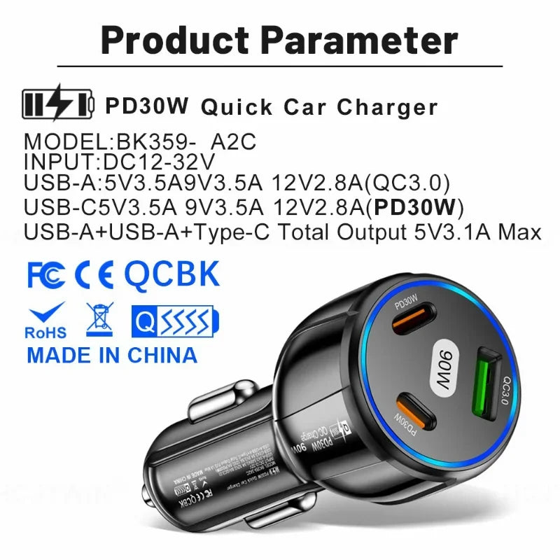 90W QC3.0 PD Type C USB Car Charger 3-in-1 Fast Charging for IPhone 14 Xiaomi Samsung Charger Cigarette Lighter Adapter Charger