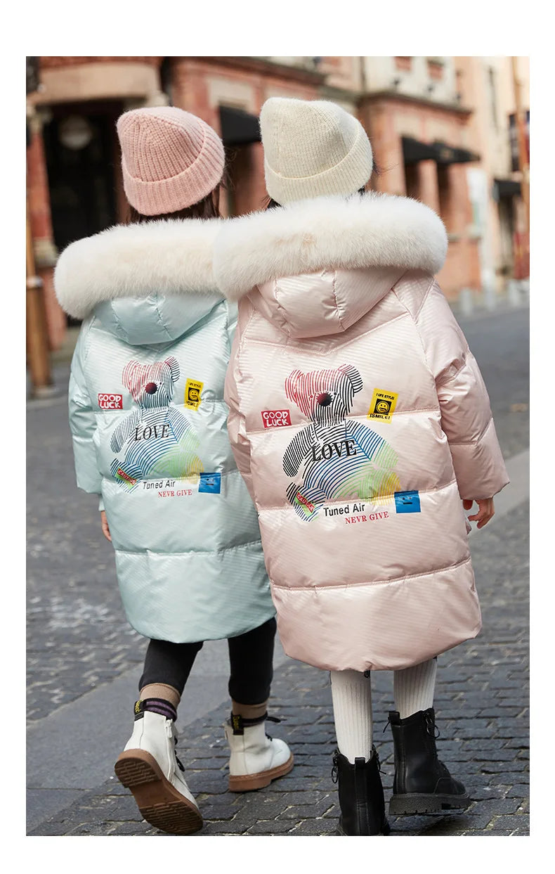 RAISE Korean Winter Kid Girl Down Jacket Colorful Bear Print Waterproof Thicken Baby Girl Outerwear 5-14 Year Junior Girl Parkas