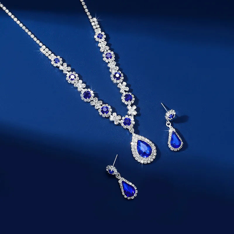 FYUAN Luxury Red Green Blue Crystal Necklace Earrings For Women Water Drop Pendant Wedding Bride Jewelry Sets