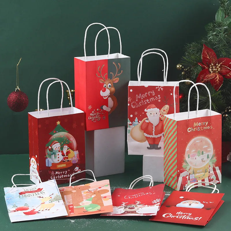 Christmas Kraft Paper Bags 2024 New Year Cute Santa Claus Gift Box Holiday Party Children Candy Cookie Packaging Bag with Handle