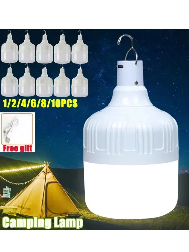 1/2/4/6/8/10pcs Camping Light USB Rechargeable LED Emergency Lamp Outdoor Portable Lanterns with Hook for BBQ Tents Battery Bulb