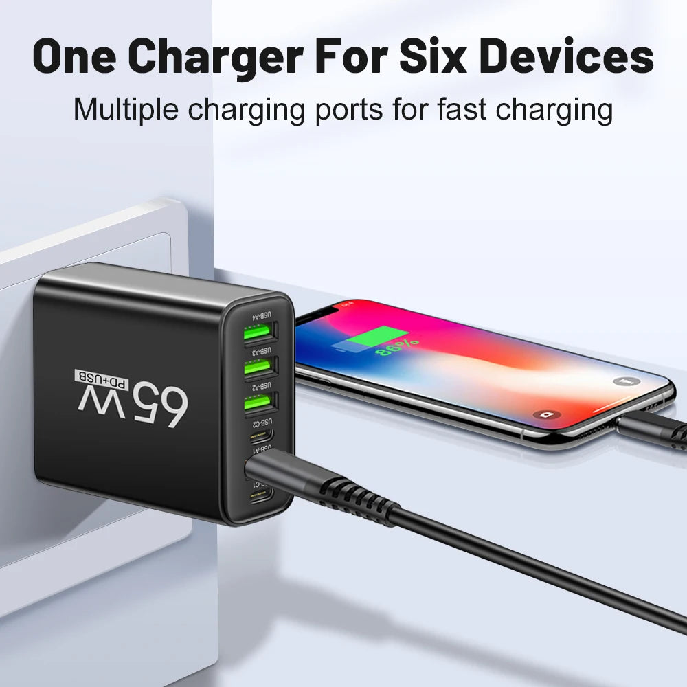 Total 65W 6 in 1 4 USB 2 Type C Quick Charging Fast Wall Charger For iPhone Samsung Xiaomi Huawei Oppo Mobile Phone Adapter