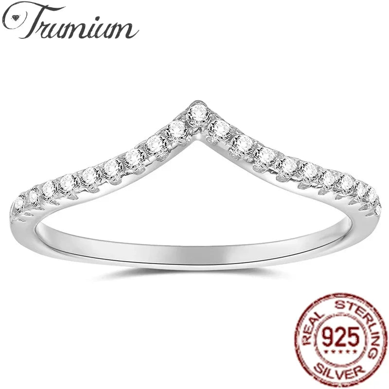 Trumium 925 Sterling Rings V Shape Inlaid Zircon Ring For Women Love Ring Shining Wedding Band Fine Jewelry Gifts