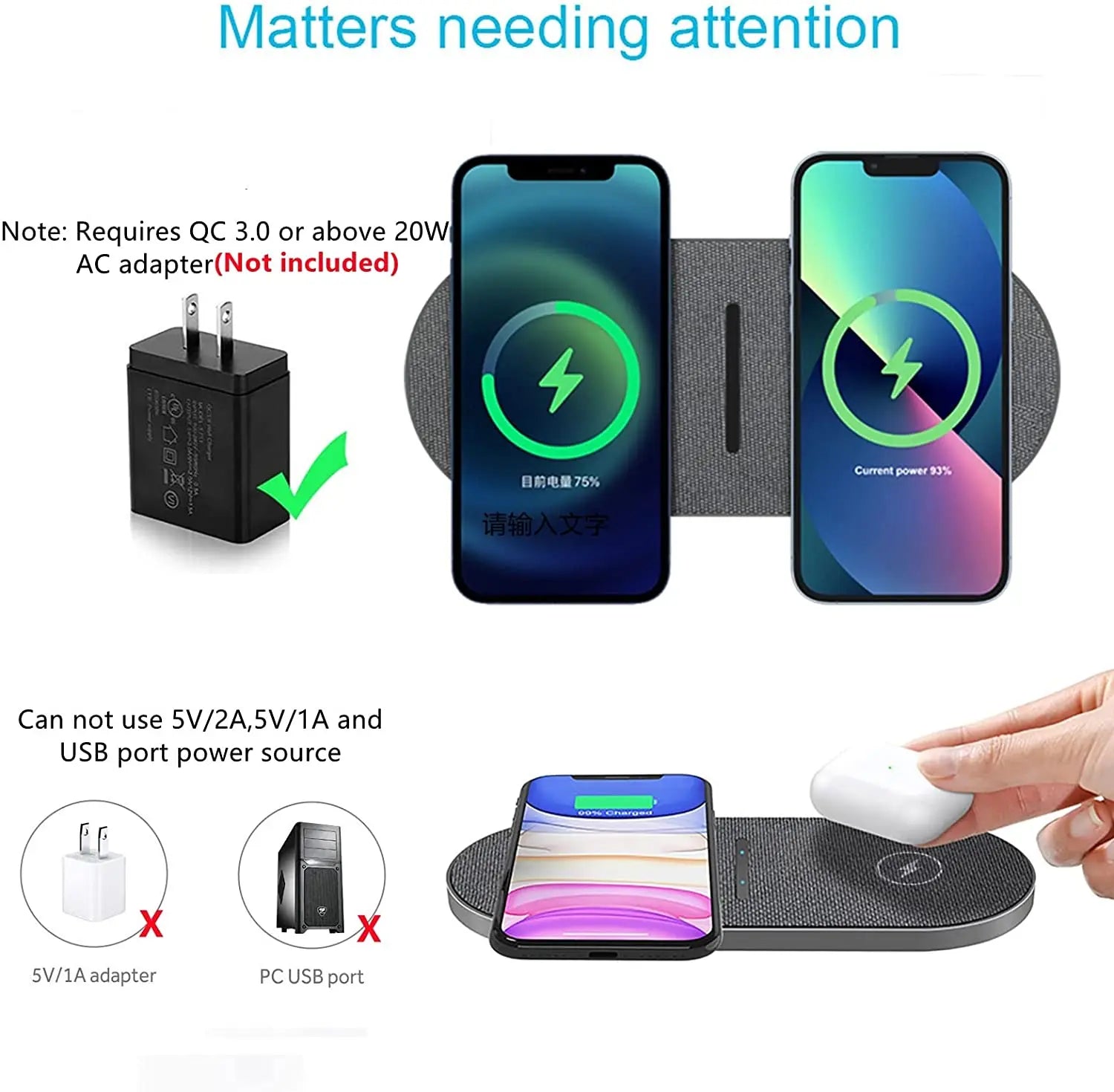 40W Dual Wireless Charging Pad for iPhone 15 14 13 12 11 XS XR X 8 Samsung S23 S22 S21 2 in 1 Fast Charger Mat for Airpods 3 Pro