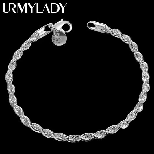 Fashion charm 925 Sterling Silver Bracelet for man woman 4MM Twisted rope chain fine jewelry Wedding party Christmas gift