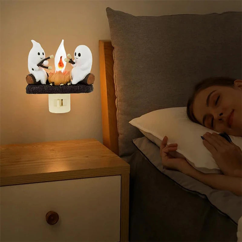 Ghost Campfire Flickering Night Light Lantern Flicker Flame Nightlight 3D LED Small Electric Faux Lantern Halloween Indoor Decor