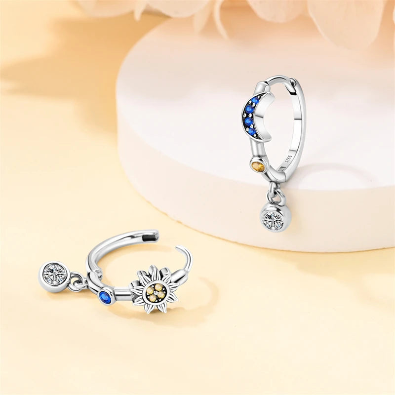 Bulbusbow Luminous Shell Women Earrings Original 925 Sterling Silver Pave CZ Star Moon Hoop Earrings Engagement Wedding Jewelry