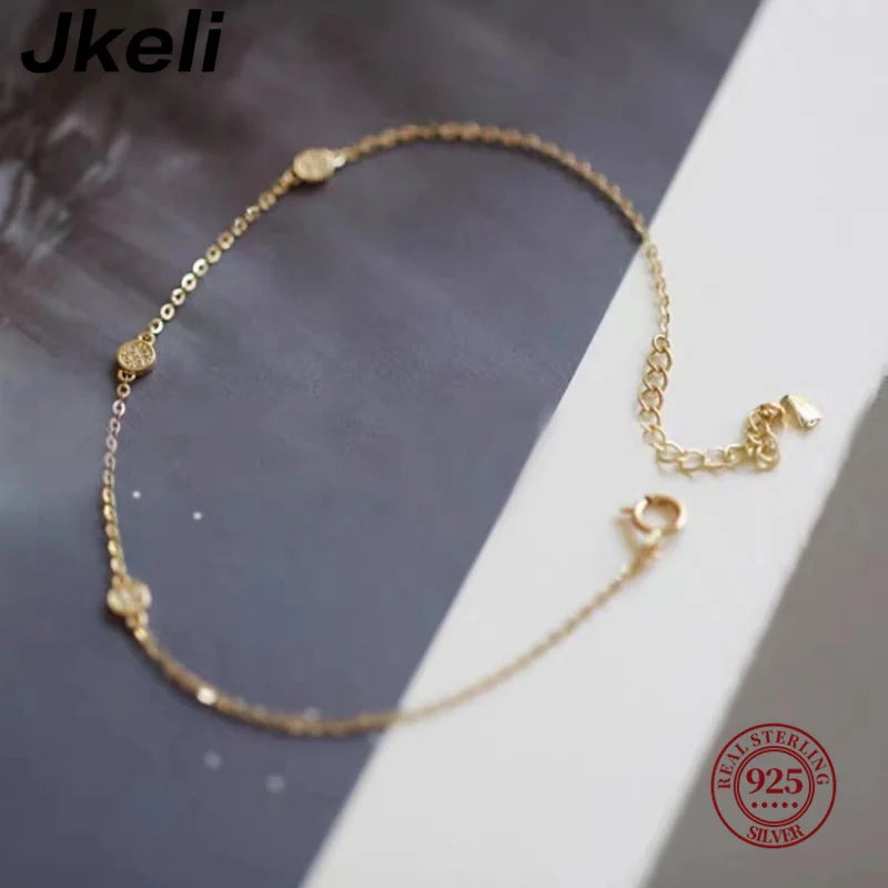 Jkeli Real 925 Sterling Silver Zircon Round 14K Gold Plated Charm Bracelet For Women Party Classic Minimalist Fine Jewelry