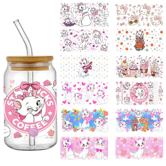 Disney Cat Marie Selfadhesive Cup Stickers Mix Cartoon Characters 3D Waterproof UV DTF Libby Wraps for 16oz Glasses