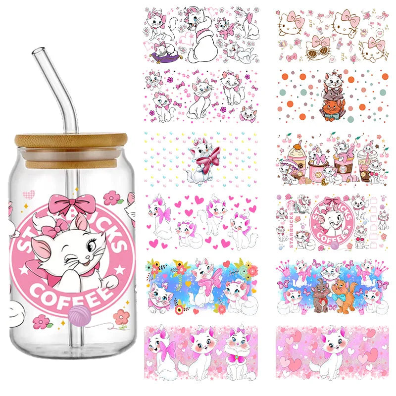 Disney Cat Marie Selfadhesive Cup Stickers Mix Cartoon Characters 3D Waterproof UV DTF Libby Wraps for 16oz Glasses