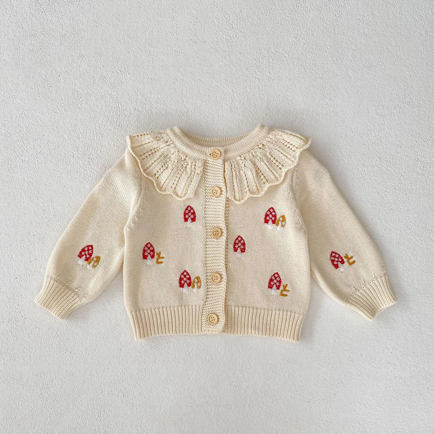 Baby Girl Knit Cardigan  0-3Y | Autumn Winter Cotton Sweater with Embroidered Mushrooms | Toddler and Kids Girls' Coat