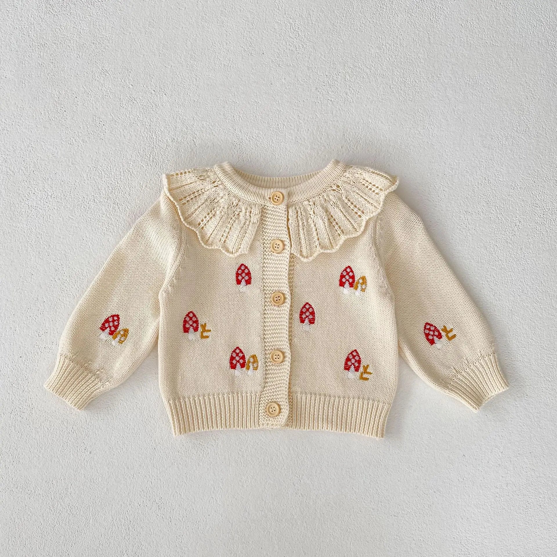 Baby Girl Knit Cardigan  0-3Y | Autumn Winter Cotton Sweater with Embroidered Mushrooms | Toddler and Kids Girls' Coat