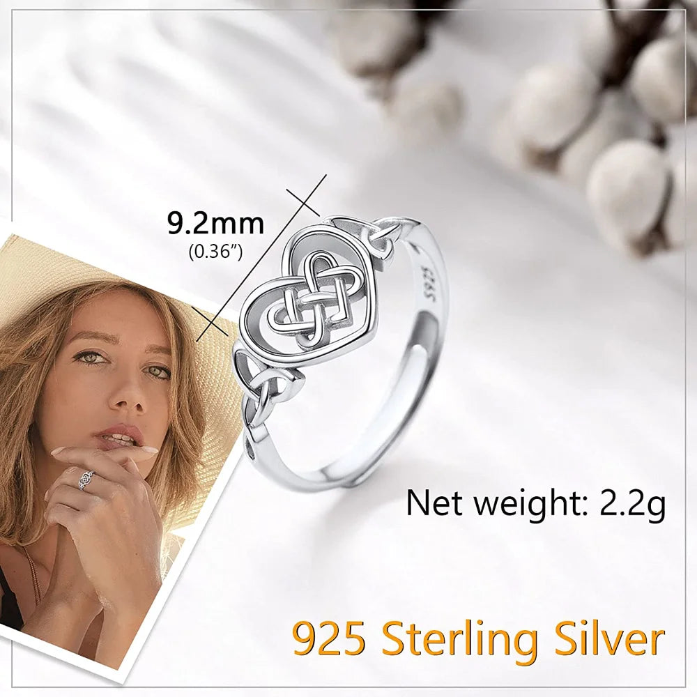 PROSILVER 925 Sterling Silver Celtic Heart Rings for Women Girl Stylish Stackable Irish Love Knot Open Ring Fashion Jewelry Gift