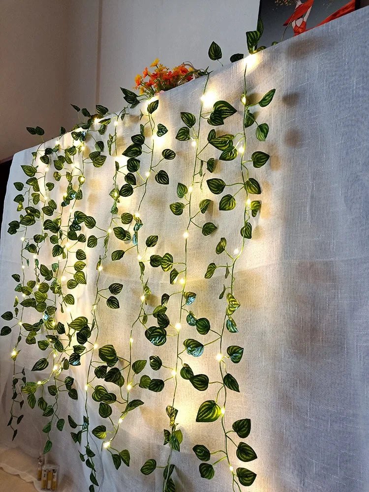 2Meter Green Leaf Ivy Vine with LED Lights String for Home Bedroom Decor Wedding Glowing Artifical Plant Garland Home Decor