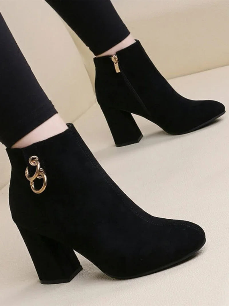 Retro Plush Warm Autumn Winter Women's Boot Vintage Block Heel Ankle Boots Zipper High Heels Women Shoes Big Sizes 43