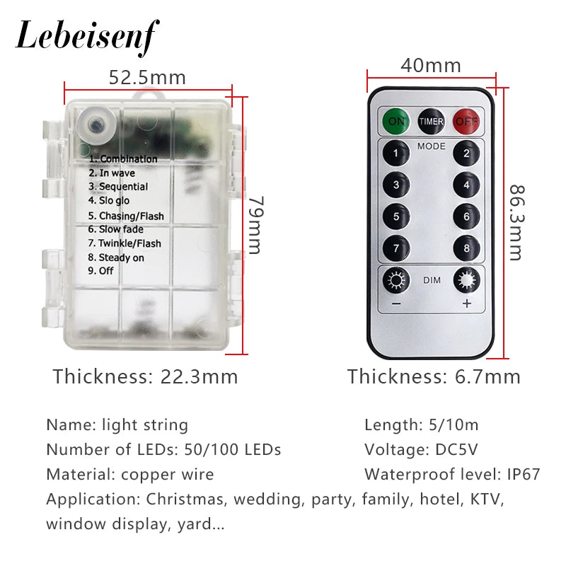 50LED 100LED سلسلة أضواء LED فضية اللون إكليل الجنية أضواء زينة عيد الميلاد، جهاز التحكم عن بعد للماء بطارية مصدر الطاقة