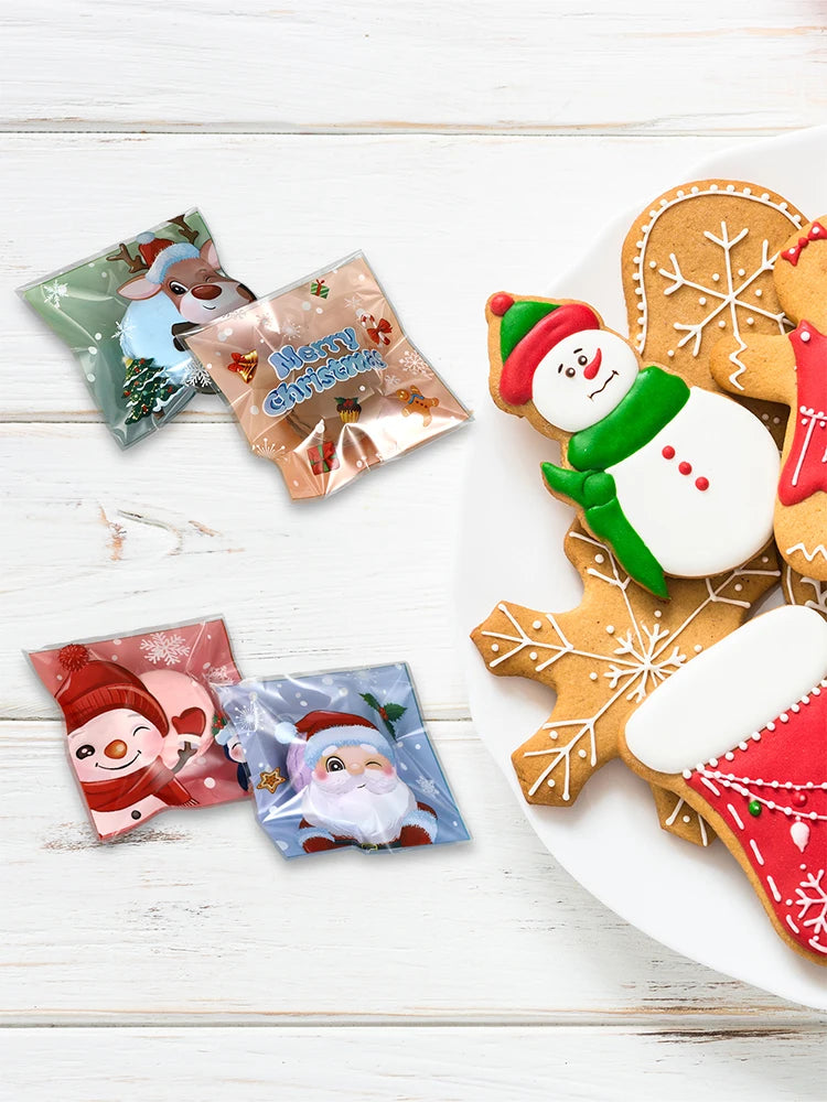 100pcs Christmas Candy Cookie Bags Self-Adhesive Gift Packaging Biscuit Snack Baking Bag Navidad Xmas Supplies New Year Party