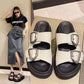 Slides Rubber Black Women's Slippers and Ladies Sandals Round Toe Height Summer 2024 with Heel Shoes Unique Luxury Normal Casual