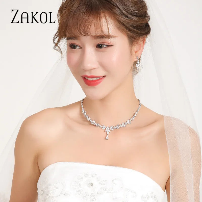 ZAKOL Luxury Brilliant Zirconia Leaf Necklace Earrings Rings Bracelets Set for Women CZ Drop Bridal Wedding Jewelry Sets